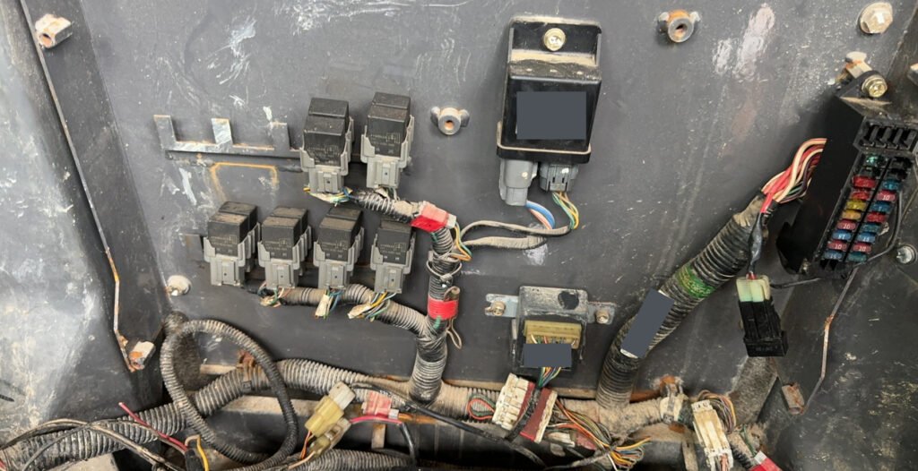 Electrical mounting panel with grouped relay housings, separate boxes, wiring and open space.